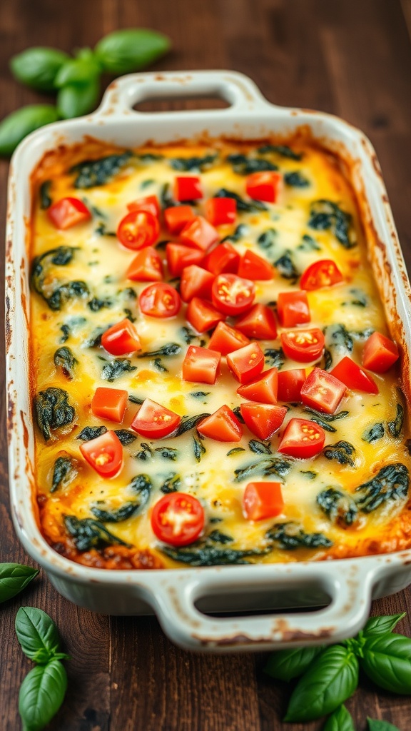 Cheesy spinach bake with tomatoes, golden and bubbly in a rustic dish with fresh basil.